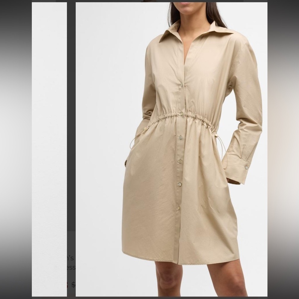 Vince Drawcord Ruched Cotton Poplin Tan Mini Shirtdress Size Large